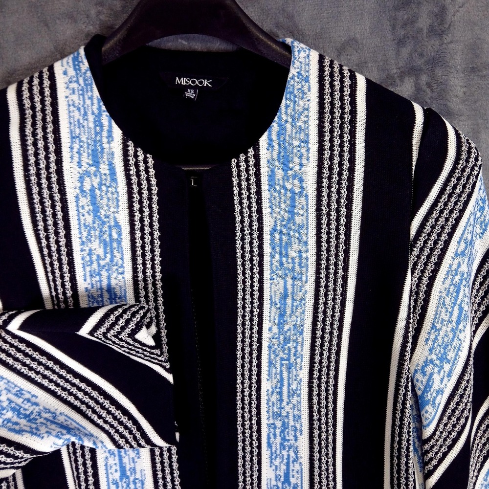 Misook Jacket Womens XS Black‎ Blue Stripe Knit Long Cardigan Open Front Sweater